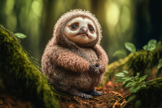 Cute funny tiny sloth in a forest