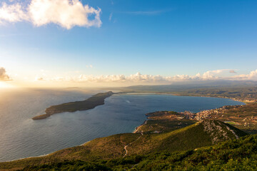 Top view of the iconic and picturesque town of Pylos and of the nearby island Sfaktirias, Messinia prefecture, Peloponnese, Greece