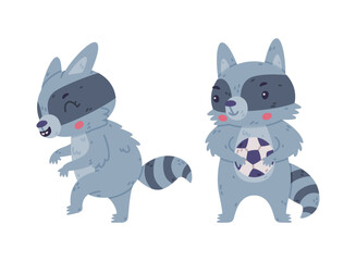 Obraz na płótnie Canvas Funny Raccoon Animal Character with Striped Tail Sneaking and Holding Ball Vector Set