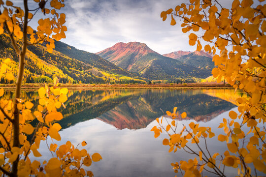 Fall colors in the San Juan Mountains, Colorado, reflected in Crystal Lake
