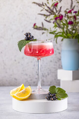 Elegant glass of Black Currant Gin Sour cocktail or mocktails surrounded by ingredients on gray...
