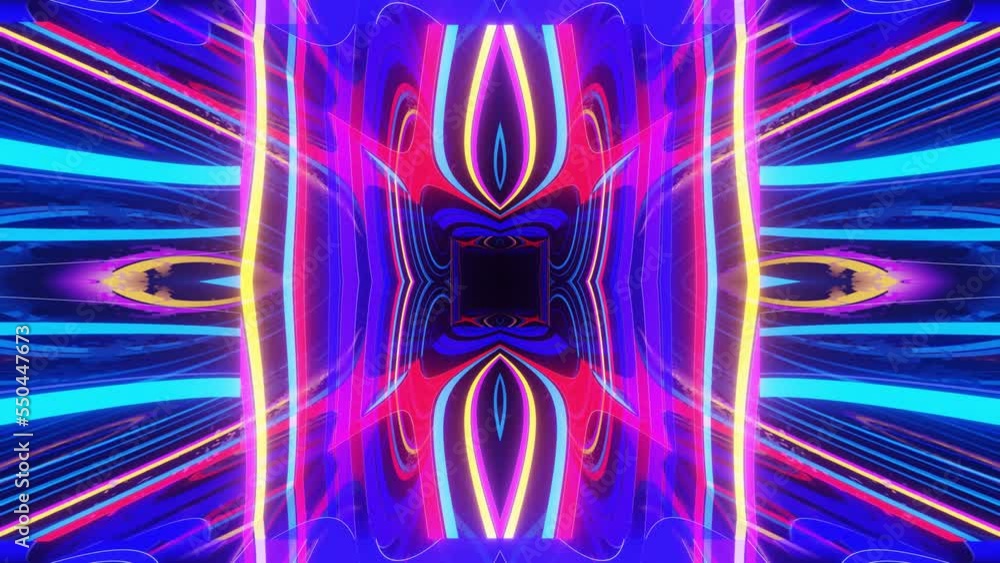 Poster 4k seamless looped animation. fly through mirror symmetrical tunnel with neon pattern, sci fi glow p