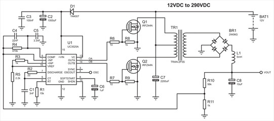 Schematic diagram of electronic device.
Vector drawing electrical circuit with resistor, capacitor, inductor, battery,
voltage stabilizer, diode bridge, transformer
and other electronic components.