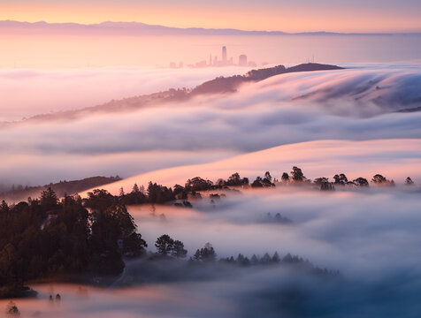 Morning fog flows on Mt. Tamalpais, California.