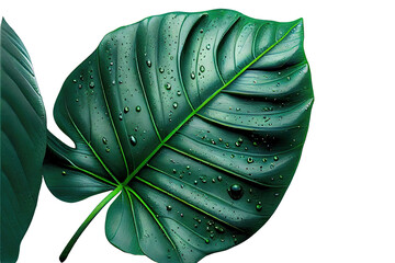 Closeup tropical climate leaf plant Monstera with dew droplets on it. Generative AI