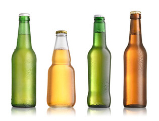 Collection of full beer bottles with no labels isolated