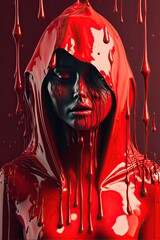 Isolated female character soaked and dripping red liquid. Little red riding hood concept.