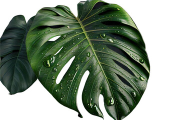 Closeup tropical climate leaf plant Monstera with dew droplets on it. Generative AI