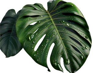 Closeup tropical climate leaf plant Monstera with dew droplets on it. Generative AI