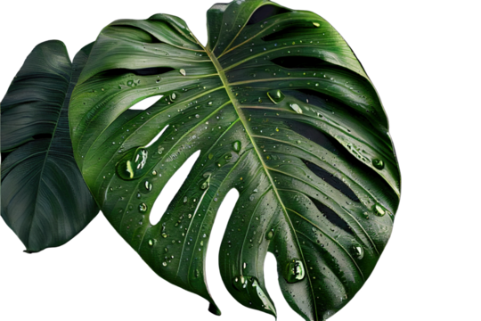 Closeup tropical climate leaf plant Monstera with dew droplets on it. Generative AI