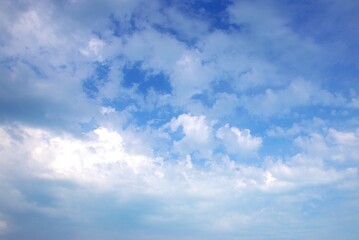 Clear, peaceful blue sky, over which white clouds float slowly like waves Background Banner Screen saver on the monitor.