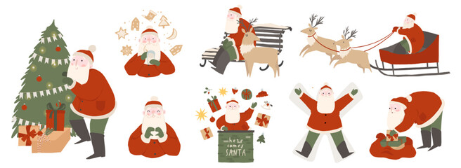 Set of xmas Santa Claus character riding reindeer sleigh, putting presents, gifts into bag, climbs out of the chimney. Merry christmas flat vector cartoon illustration isolated on white background