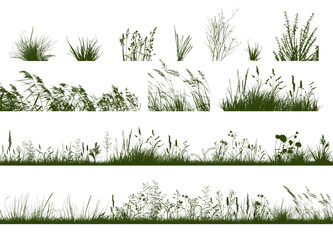 Set of horizontal banners of meadow silhouettes with grass. Vector illustration - obrazy, fototapety, plakaty