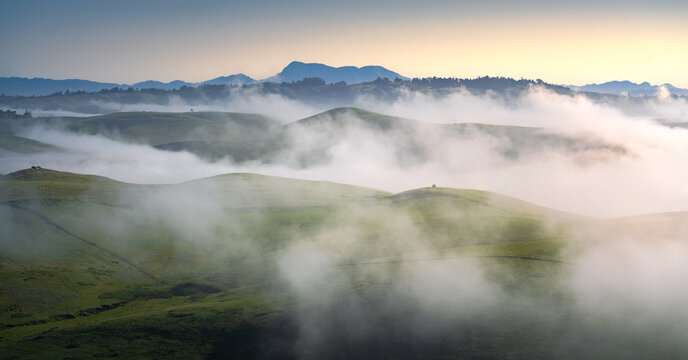 Rolling hills and foggy, misty layers abound in this Sonoma and Marin County scene. - Powered by Adobe