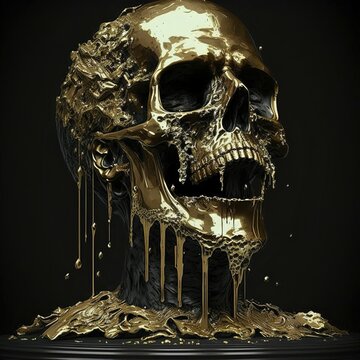 Sculpture Gold Skull With Dripping Gold Paint