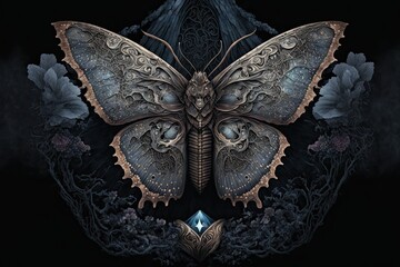 Butterfly isolated on black background. Occult ornate patterns. 