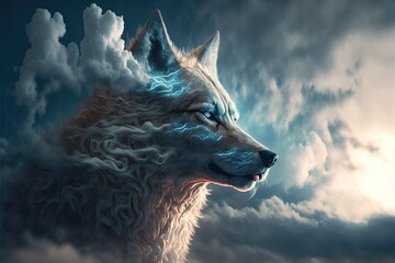 Sky wolf in the clouds - obrazy, fototapety, plakaty