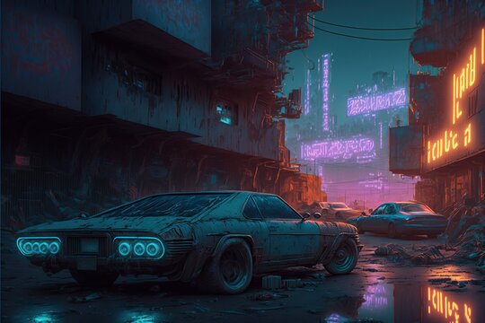 Abandoned cyberpunk parking lot with cars and buildings © Henry Letham