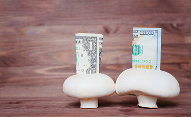 Dollar bills in white button mushrooms