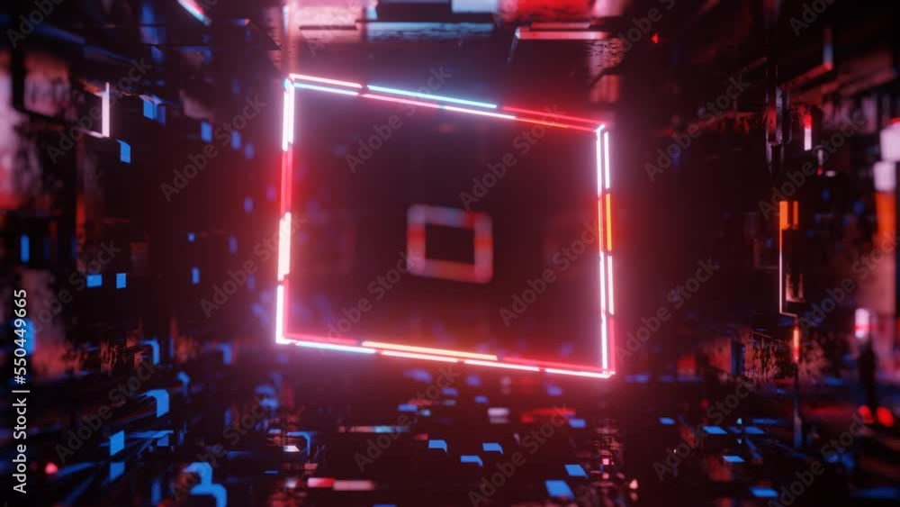Poster 3d object or structure rotates and moves inside glass mirror tunnel with neon light, bright reflecti