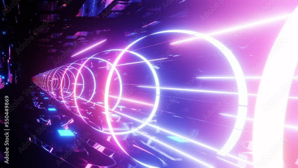 Poster 80's neon light style flight. hi-tech neon sci-fi tunel. trendy neon glow lines form pattern and con