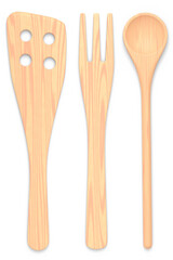 Wooden kitchen utensils, tools and equipment on white background.