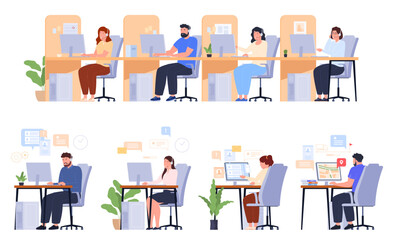 Call center employees work at their workplaces with computers. Online customer support, Hotline. Vector illustration