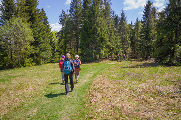 Tourists on the mountain Ćwilin Beskid Wyspowy (Lesser Poland) Szczyt 