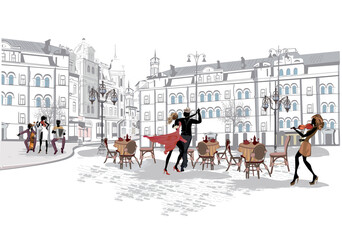 Series of street views in the old city with dancing couple and musicians. Hand drawn vector architectural travel background with historic buildings. Hand drawn vector illustration. - 550450852