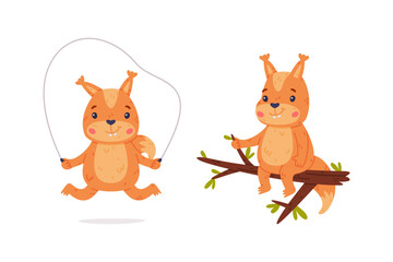 Funny Squirrel Character with Bushy Tail Sitting on Tree Branch and Skipping Rope Vector Set