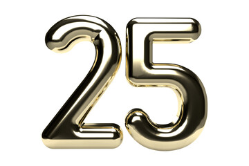 Isolated Logo of Alphabet 25, Silver Jubilee Anniversary. Gold Metallic 3D Render Illustration.