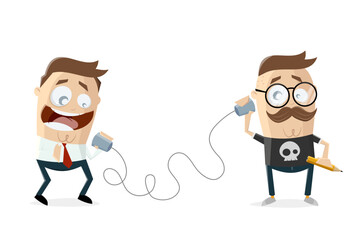 funny cartoon illustration of conversation by using cup phone