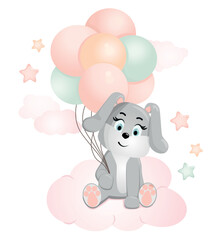 Cute bunny. Funny illustration of a rabbit with balloons. Baby Hare