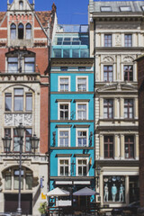 Fototapeta na wymiar The facades of the vintage houses, tilt shift effect