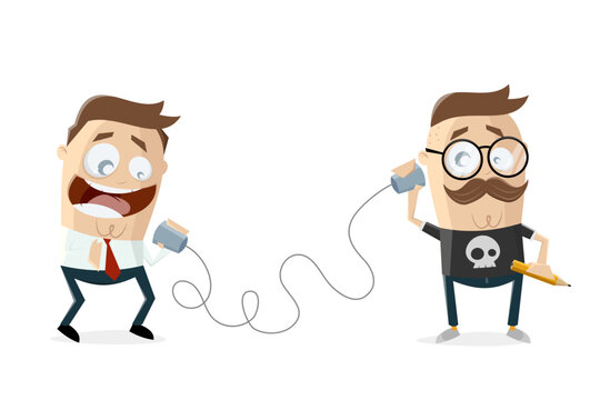 funny cartoon illustration of conversation by using cup phone