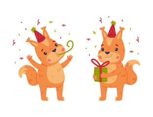 Funny Squirrel Character with Bushy Tail Blowing Whistle and Holding Gift Box Vector Set