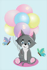 Cute cat. Funny illustration of a kitty with balloons. Baby Hare
