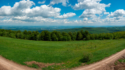 Panorama of the spring forest near the mountain town. Picturesque landscape of a sunny day.