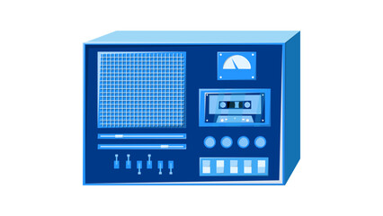 Old isometry retro blue vintage music cassette tape recorder with magnetic tape on reels and speakers from the 70s, 80s, 90s. Beautiful icon. Vector illustration