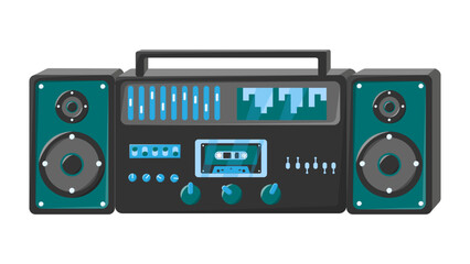 Fototapeta na wymiar Old isometry retro green vintage music cassette tape recorder with magnetic tape on reels and speakers from the 70s, 80s, 90s. Beautiful icon. Vector illustration