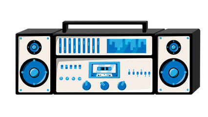 Old isometry retro white vintage music cassette tape recorder with magnetic tape on reels and speakers from the 70s, 80s, 90s. Beautiful icon. Vector illustration
