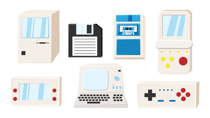 Set of old retro vintage isometry technology electronics computer, pc, floppy floppy disk, game portable video game consoles from 70s, 80s, 90s. Vector illustration