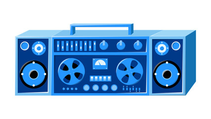 Fototapeta na wymiar Old isometry retro blue vintage music cassette tape recorder with magnetic tape on reels and speakers from the 70s, 80s, 90s. Beautiful icon. Vector illustration