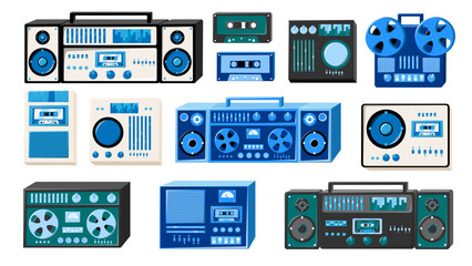 Set of bleautiful old retro vintage isometry musical electronics equipment: audio cassette recorder with magnetic tape, dj console from 70s, 80s, 90s. Vector illustration