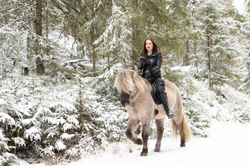 Woman dressed in black with light brown Icelandic horse.