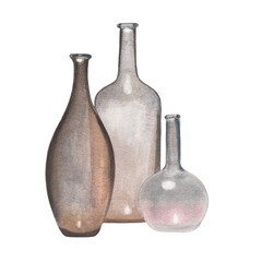 Watercolor vintage bottles clipart on a transparent background, hand-drawn with watercolors for web pages, cards, cards, posters, prints and other, PNG file 5000х5000 px at 300 dpi. Raster image.