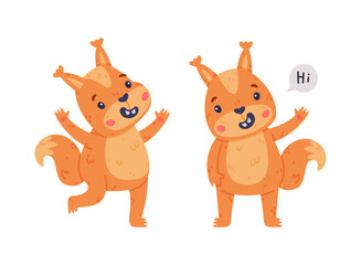 Funny Squirrel Character with Bushy Tail Saying Hi and Jumping with Joy Vector Set
