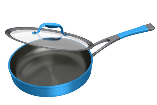 Frying pan with glass lid on white background, non-stick kitchen utensils