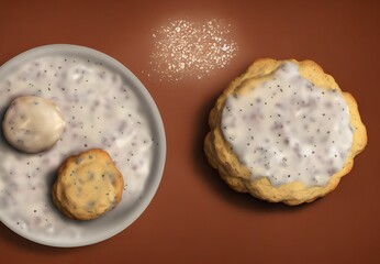 3D render illustration of cookies with white cream on a brown table