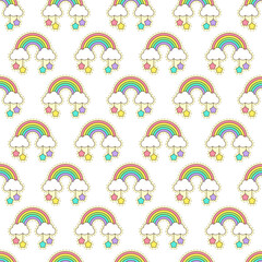 Rainbows, clouds and stars. Vector seamless pattern with cute cartoon elements. Best for textile, wallpapers and  nursery decoration.
